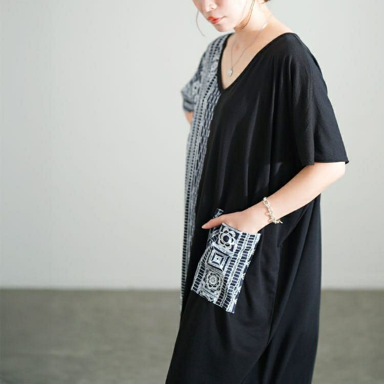 大きいサイズ レディース 幾何学柄アシメ切り替えワンピース　jp542 【メール便可】