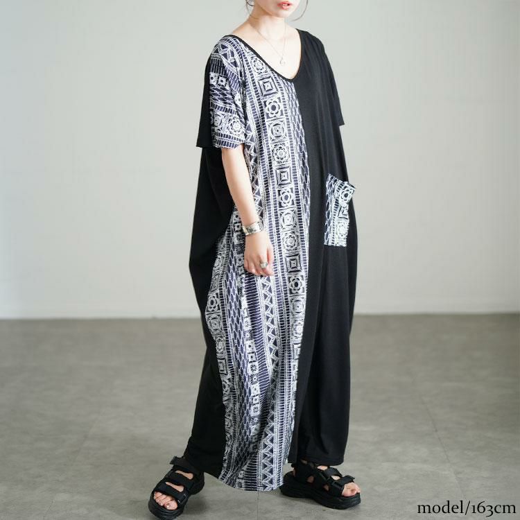 大きいサイズ レディース 幾何学柄アシメ切り替えワンピース　jp542 【メール便可】 ブラック