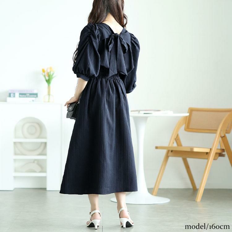 大きいサイズ レディース バックリボンパワショルワンピース　tani-15613ll ネイビー