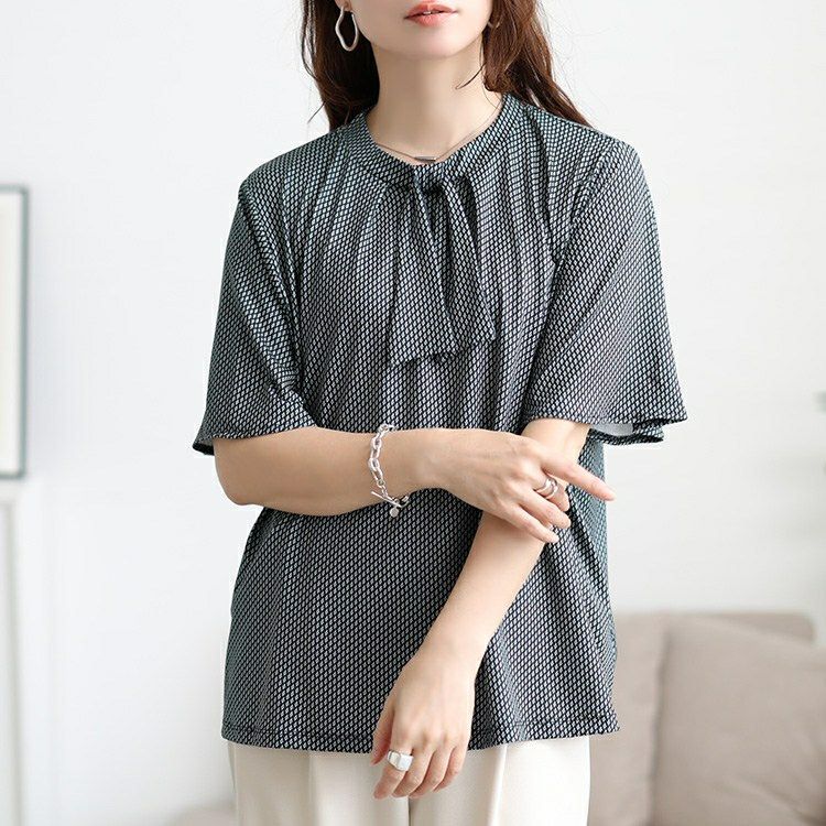 大きいサイズ レディース 接触冷感ダイヤ柄ボウタイストレッチブラウス　mncut-152471 【メール便可】