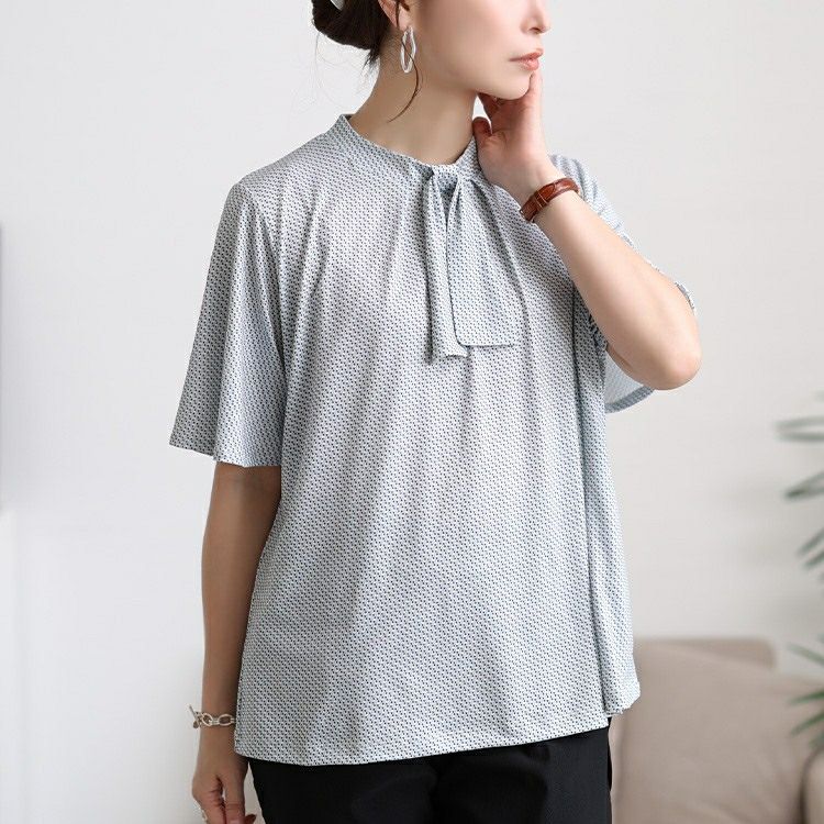 大きいサイズ レディース 接触冷感ダイヤ柄ボウタイストレッチブラウス　mncut-152471 【メール便可】