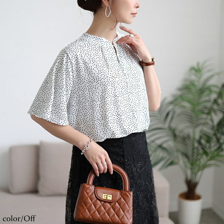 大きいサイズ レディース 接触冷感ドット柄ストレッチブラウス　mncut-152469 【メール便可】