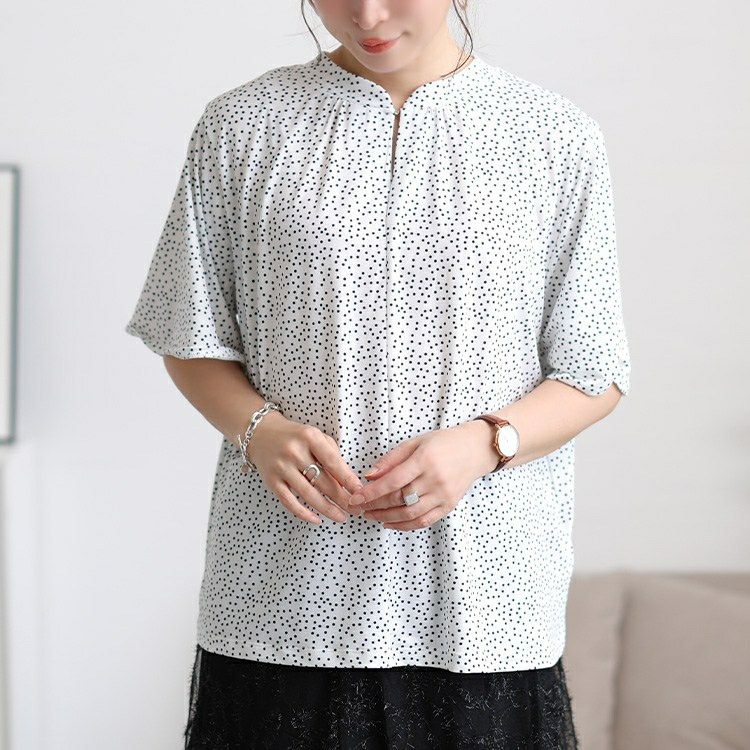 大きいサイズ レディース 接触冷感ドット柄ストレッチブラウス　mncut-152469 【メール便可】