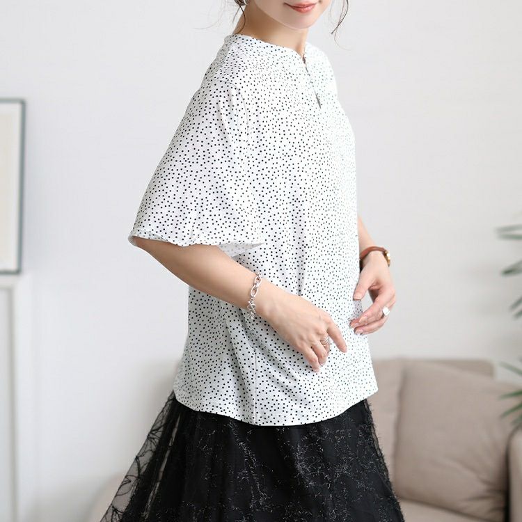 大きいサイズ レディース 接触冷感ドット柄ストレッチブラウス　mncut-152469 【メール便可】