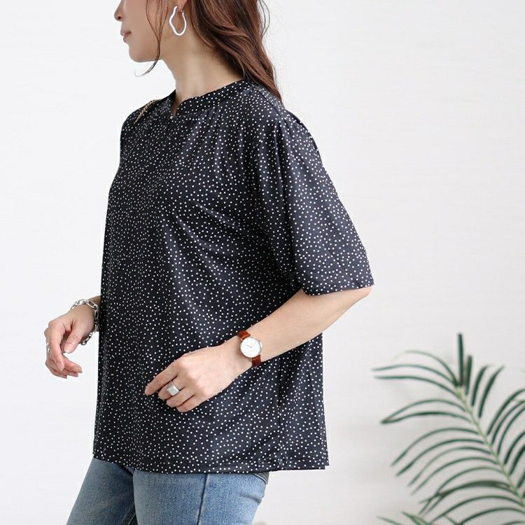 大きいサイズ レディース 接触冷感ドット柄ストレッチブラウス　mncut-152469 【メール便可】