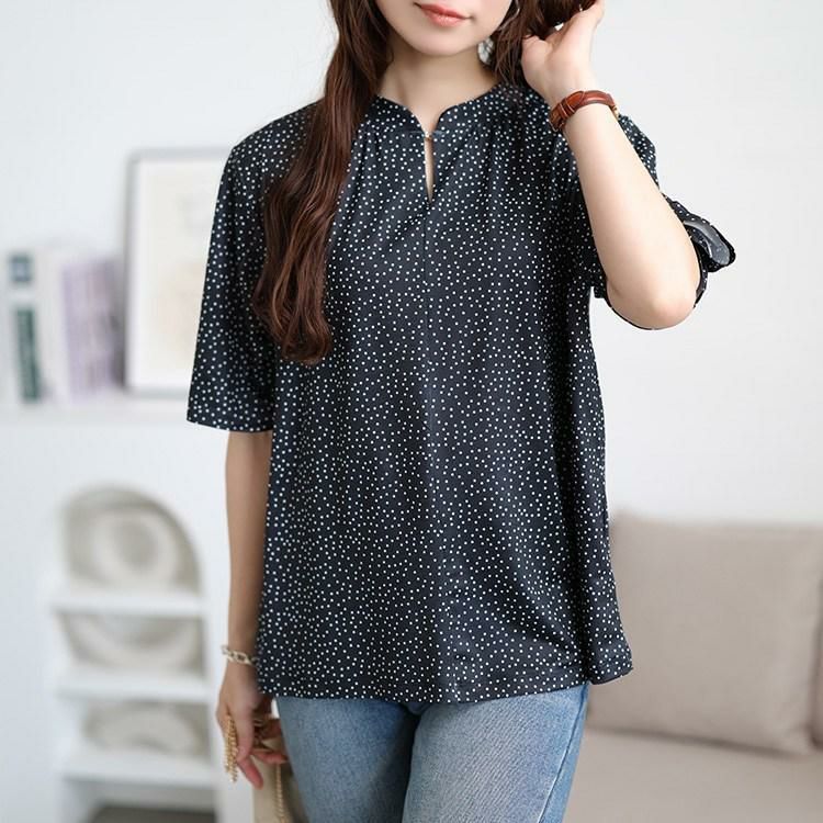 大きいサイズ レディース 接触冷感ドット柄ストレッチブラウス　mncut-152469 【メール便可】 ブラック