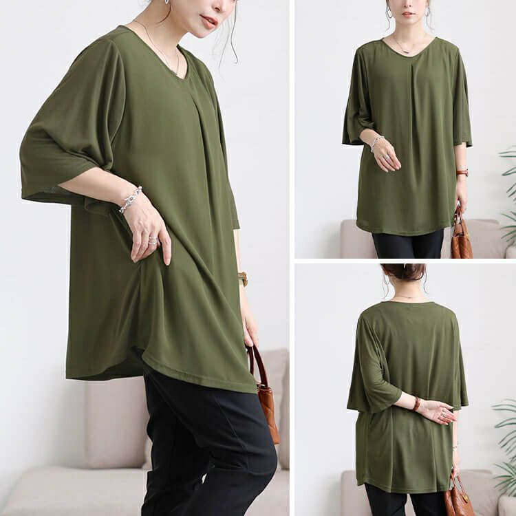 大きいサイズ レディース フロントタック異素材チュニック　cast-5556009 【メール便可】