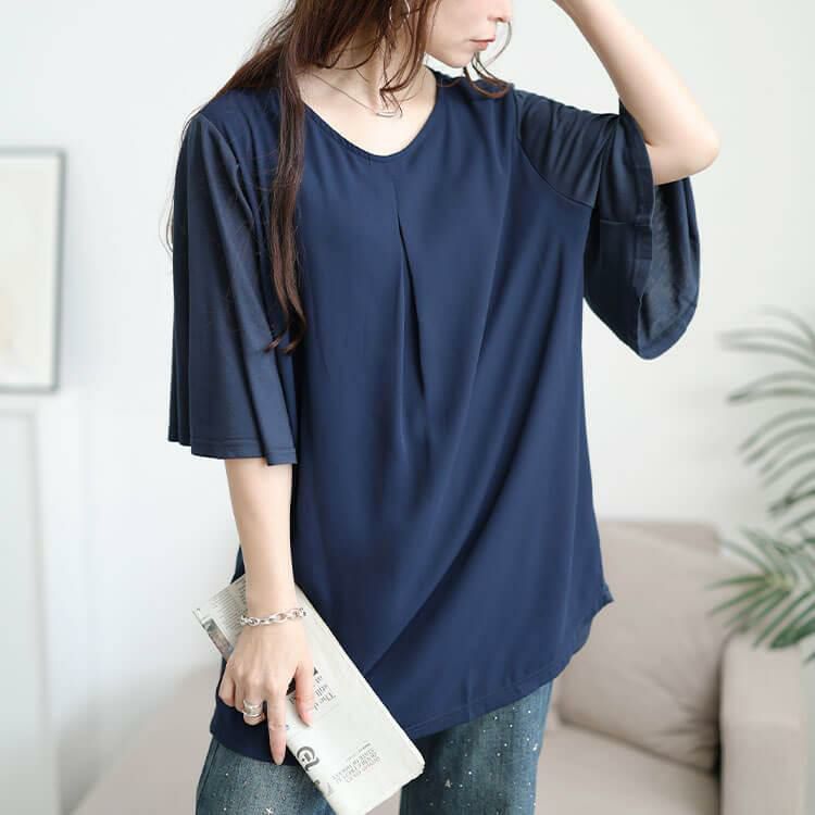 大きいサイズ レディース フロントタック異素材チュニック　cast-5556009 【メール便可】 ネイビー