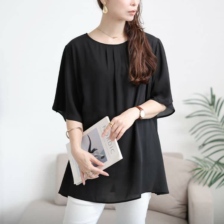 大きいサイズ レディース フロントタックシフォンチュニック　cast-5556005 【メール便可】 ブラック