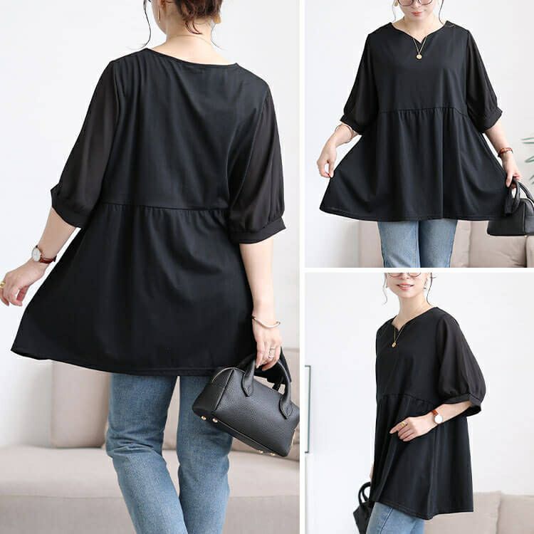 大きいサイズ レディース 袖シフォン切り替えペプラムチュニック　cast-5556004 【メール便可】