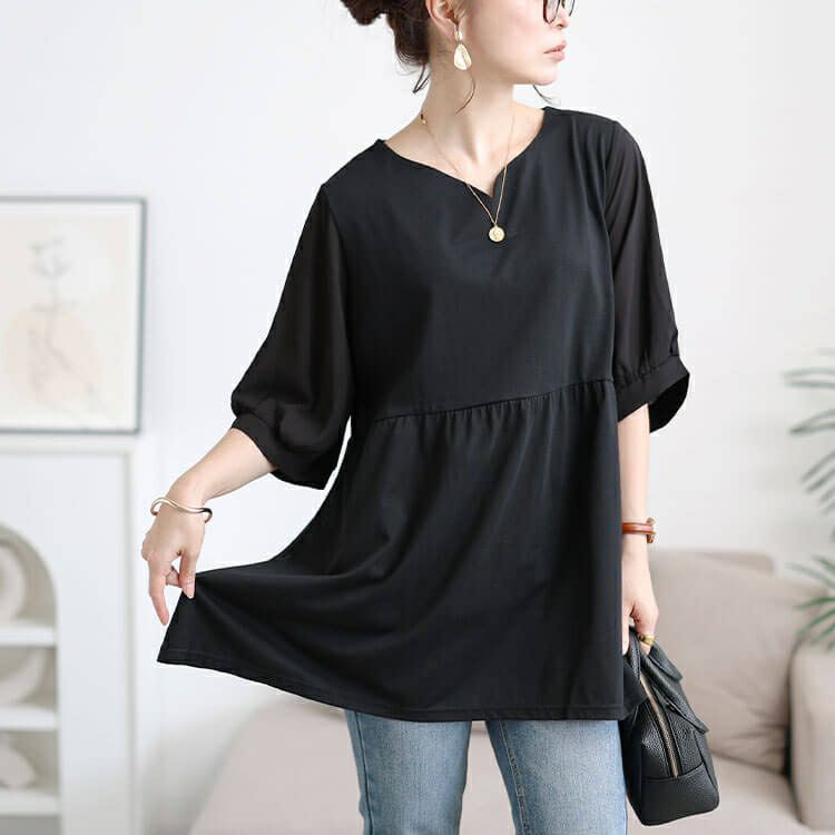 大きいサイズ レディース 袖シフォン切り替えペプラムチュニック　cast-5556004 【メール便可】