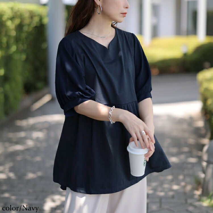 大きいサイズ レディース 袖シフォン切り替えペプラムチュニック　cast-5556004 【メール便可】