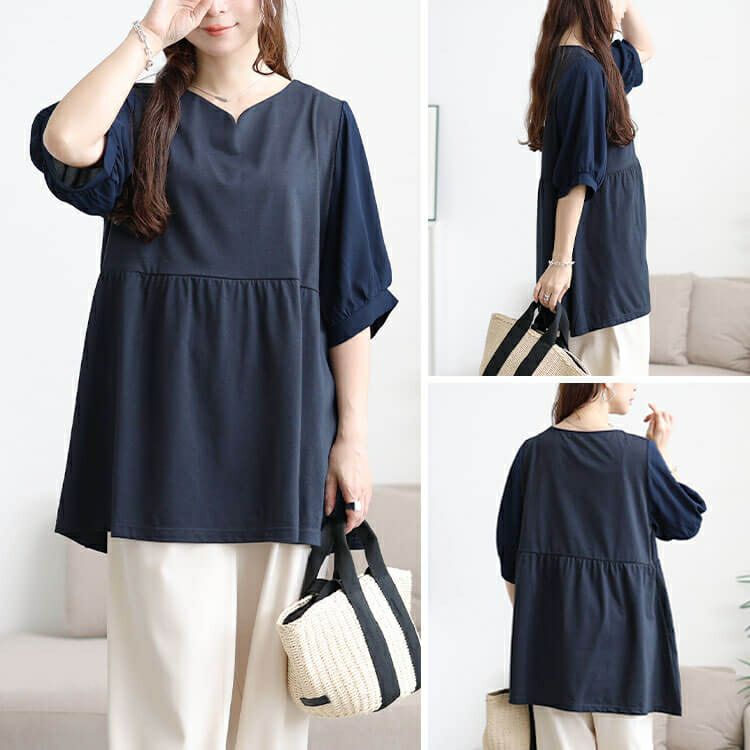 大きいサイズ レディース 袖シフォン切り替えペプラムチュニック　cast-5556004 【メール便可】