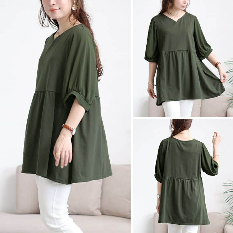 大きいサイズ レディース 袖シフォン切り替えペプラムチュニック　cast-5556004 【メール便可】