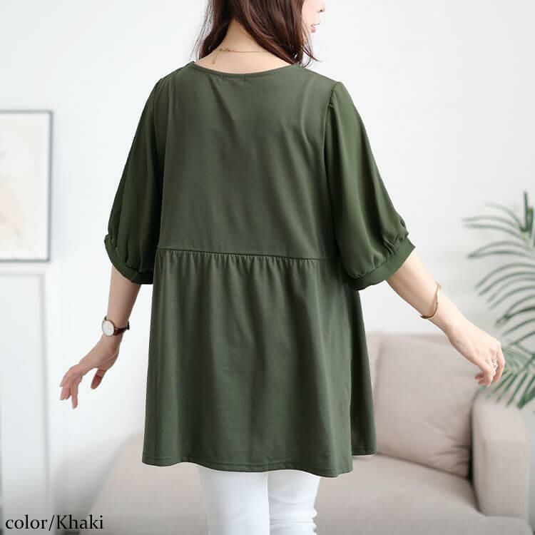 大きいサイズ レディース 袖シフォン切り替えペプラムチュニック　cast-5556004 【メール便可】 カーキ