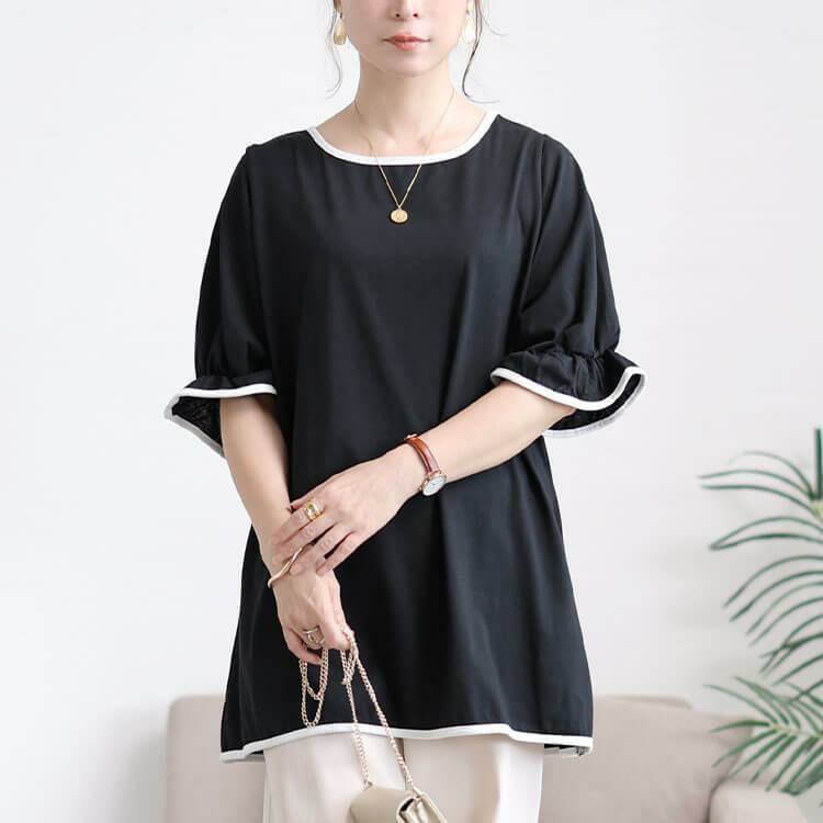 大きいサイズ レディース 配色パイピングキャンディスリーブチュニック　cast-5556002 【メール便可】 ブラック