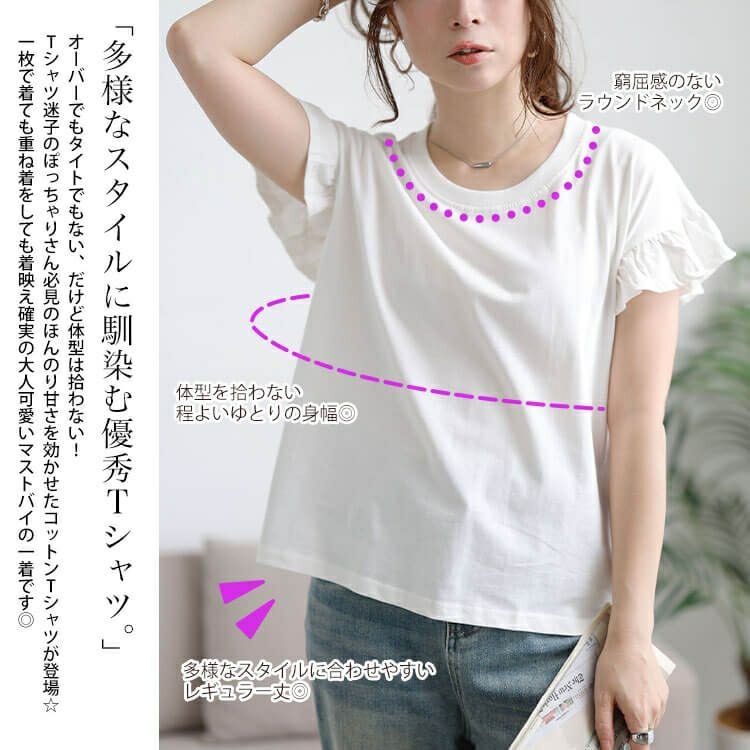 大きいサイズ レディース フリルフレンチスリーブコットンTシャツ　wk-0553 【メール便可】
