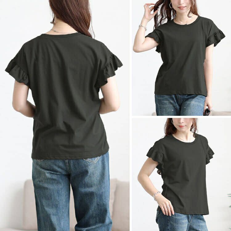 大きいサイズ レディース フリルフレンチスリーブコットンTシャツ　wk-0553 【メール便可】