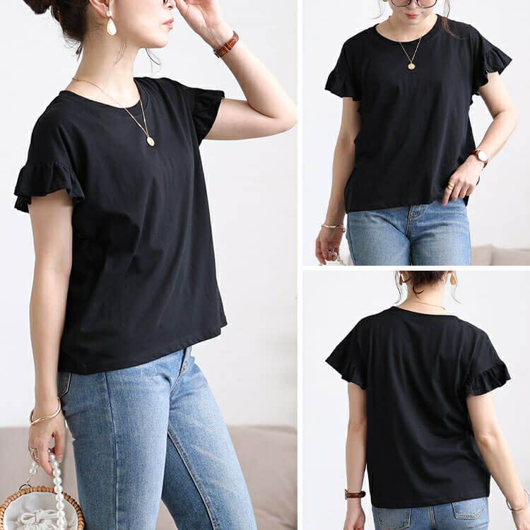 大きいサイズ レディース フリルフレンチスリーブコットンTシャツ　wk-0553 【メール便可】