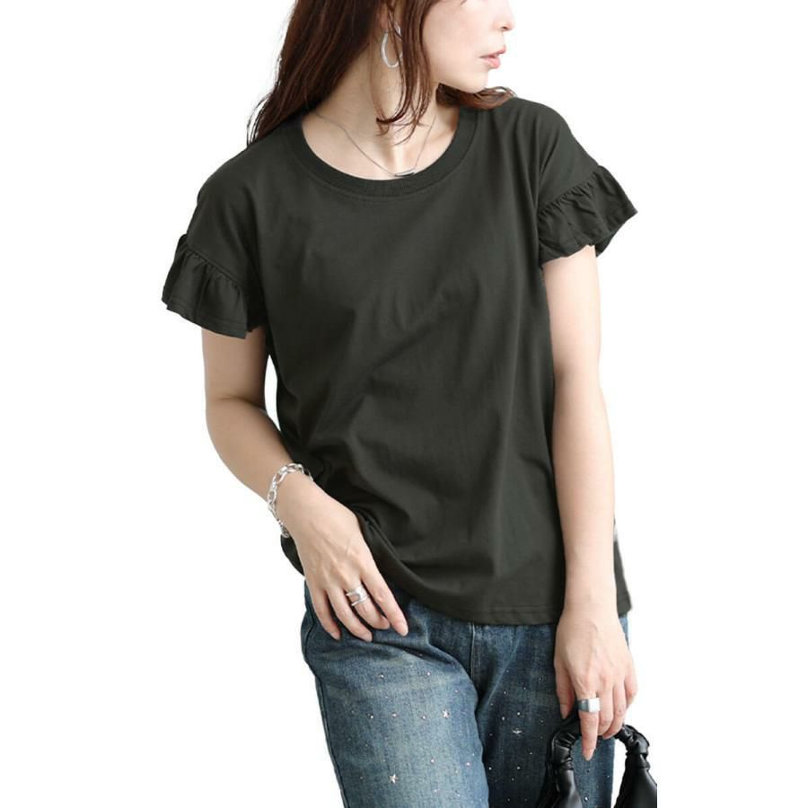 大きいサイズ レディース フリルフレンチスリーブコットンTシャツ　wk-0553 【メール便可】 チャコールグレー