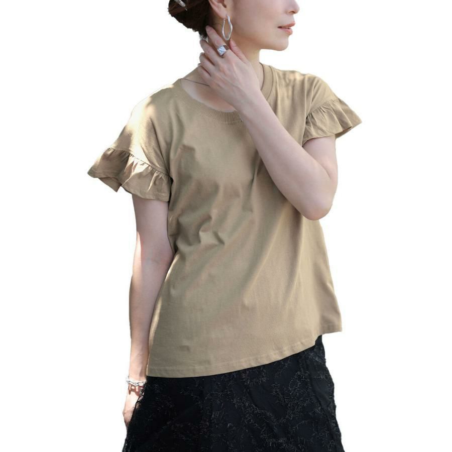 大きいサイズ レディース フリルフレンチスリーブコットンTシャツ　wk-0553 【メール便可】 グレーベージュ