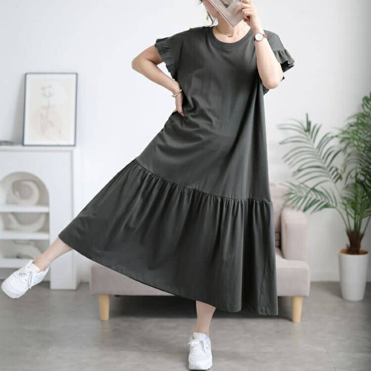 大きいサイズ レディース フリルフレンチスリーブコットンワンピース　wk-0554 【メール便可】