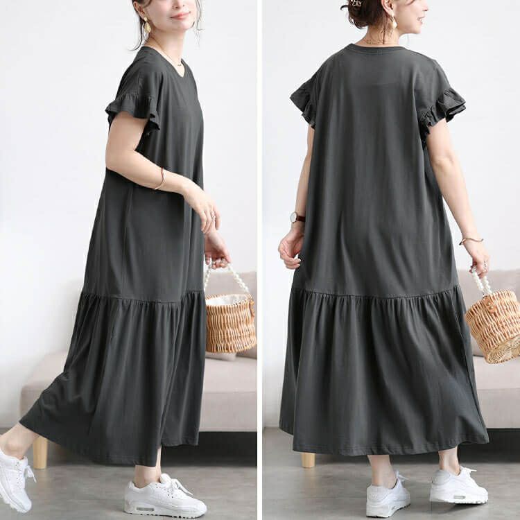 大きいサイズ レディース フリルフレンチスリーブコットンワンピース　wk-0554 【メール便可】