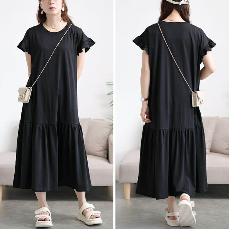 大きいサイズ レディース フリルフレンチスリーブコットンワンピース　wk-0554 【メール便可】