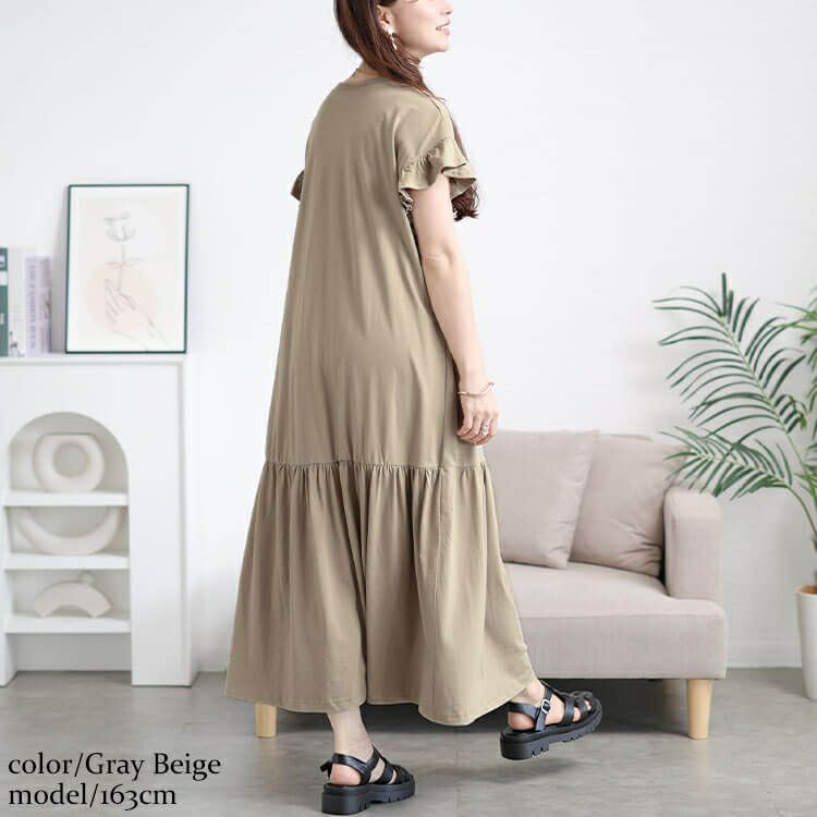大きいサイズ レディース フリルフレンチスリーブコットンワンピース　wk-0554 【メール便可】