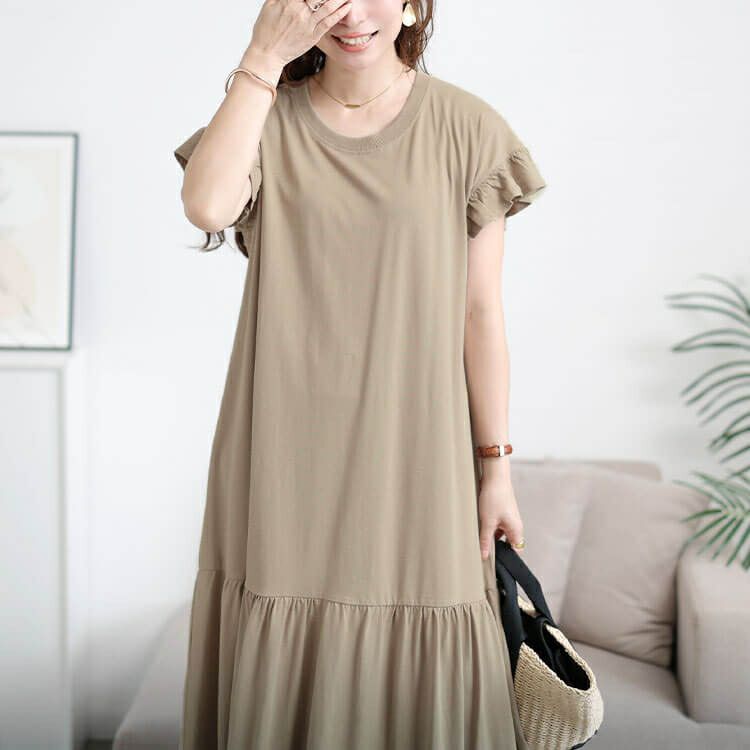 大きいサイズ レディース フリルフレンチスリーブコットンワンピース　wk-0554 【メール便可】