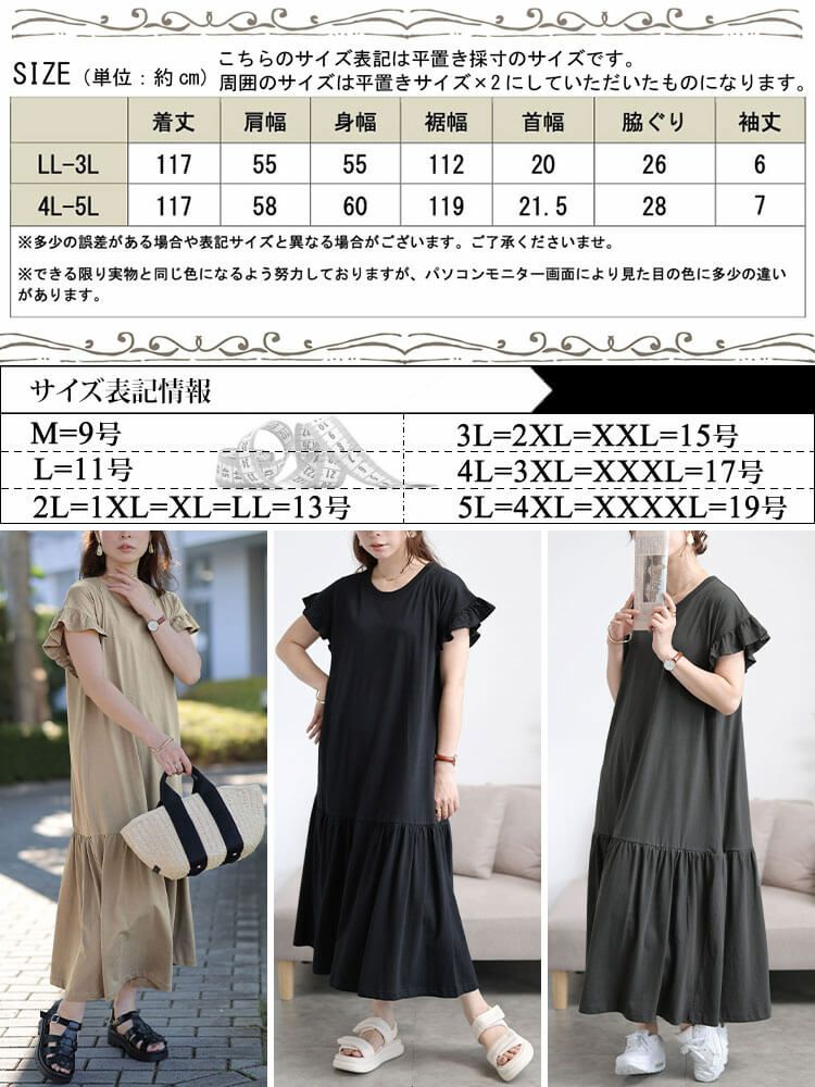 大きいサイズ レディース フリルフレンチスリーブコットンワンピース　wk-0554 【メール便可】