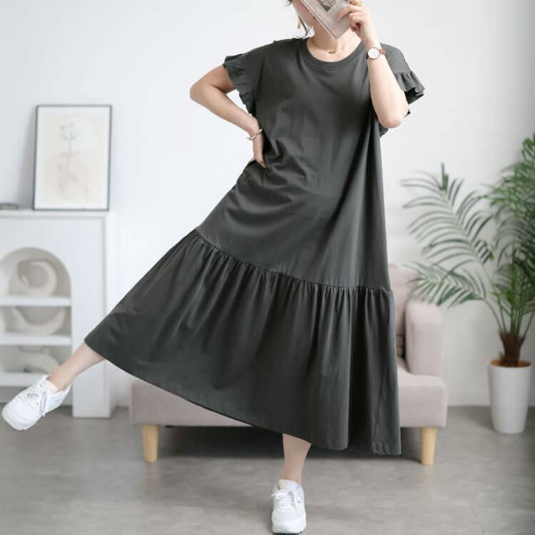 大きいサイズ レディース フリルフレンチスリーブコットンワンピース　wk-0554 【メール便可】 チャコールグレー