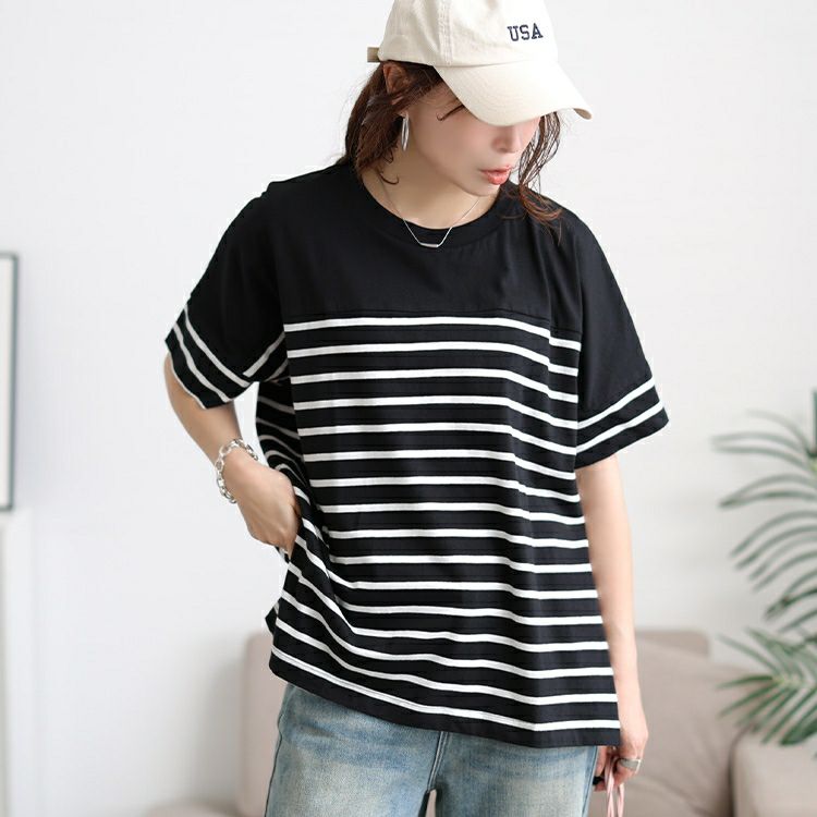 大きいサイズ レディース パネルボーダーコットンTシャツ　wk-0547 【メール便可】