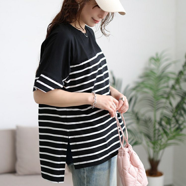 大きいサイズ レディース パネルボーダーコットンTシャツ　wk-0547 【メール便可】