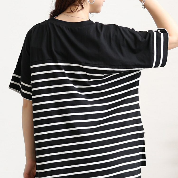 大きいサイズ レディース パネルボーダーコットンTシャツ　wk-0547 【メール便可】