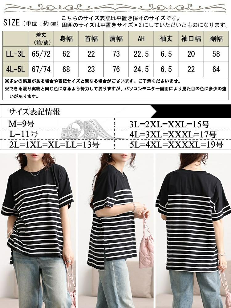 大きいサイズ レディース パネルボーダーコットンTシャツ　wk-0547 【メール便可】