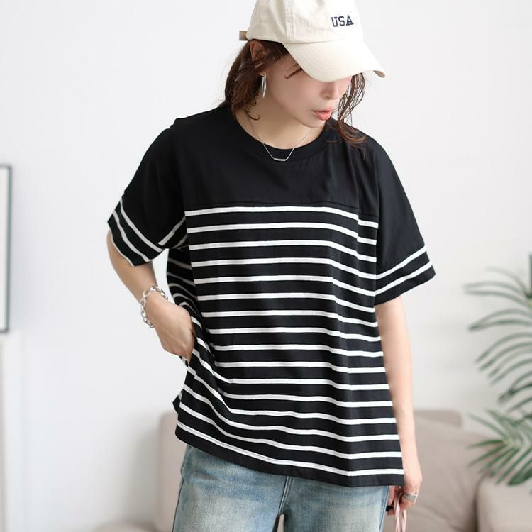 大きいサイズ レディース パネルボーダーコットンTシャツ　wk-0547 【メール便可】 ブラック