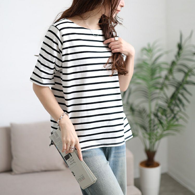大きいサイズ レディース ボートネックコットンボーダーTシャツ　wk-0546 【メール便可】