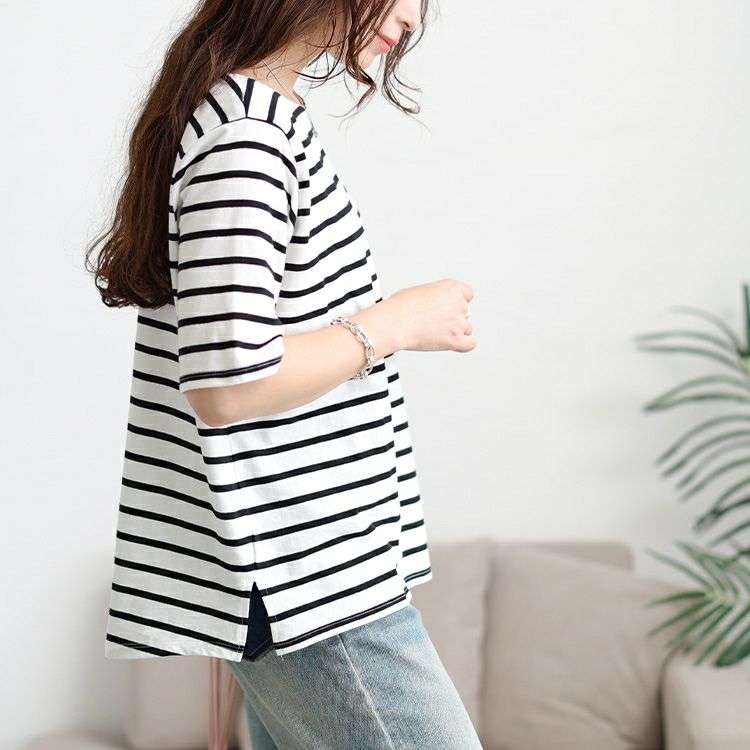 大きいサイズ レディース ボートネックコットンボーダーTシャツ　wk-0546 【メール便可】
