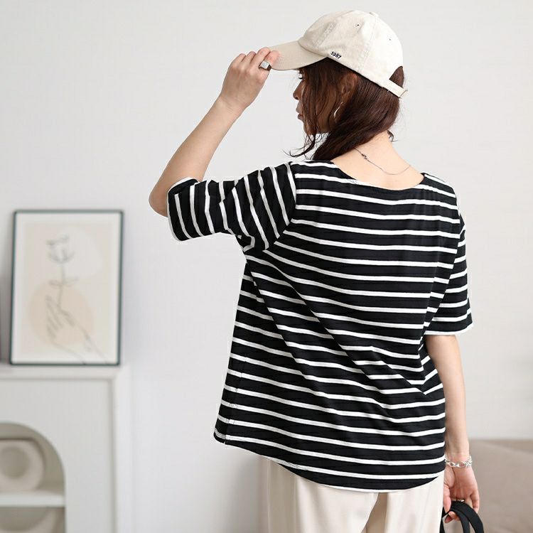 大きいサイズ レディース ボートネックコットンボーダーTシャツ　wk-0546 【メール便可】