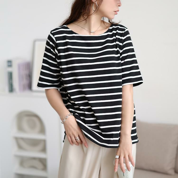 大きいサイズ レディース ボートネックコットンボーダーTシャツ　wk-0546 【メール便可】 ブラック