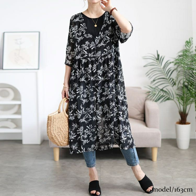 大きいサイズ レディース 花柄シフォンロングカーディガン＆タンクトップ2点セット　cpdai-647108 【メール便可】