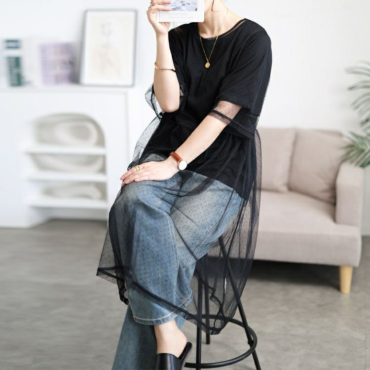 大きいサイズ レディース ドットチュールワンピース＆Tシャツ2点セット　cpdai-647109 【メール便可】