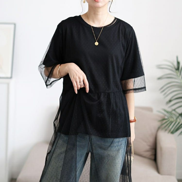 大きいサイズ レディース ドットチュールワンピース＆Tシャツ2点セット　cpdai-647109 【メール便可】