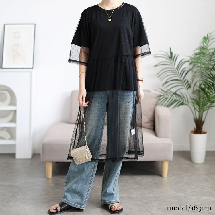 大きいサイズ レディース ドットチュールワンピース＆Tシャツ2点セット　cpdai-647109 【メール便可】