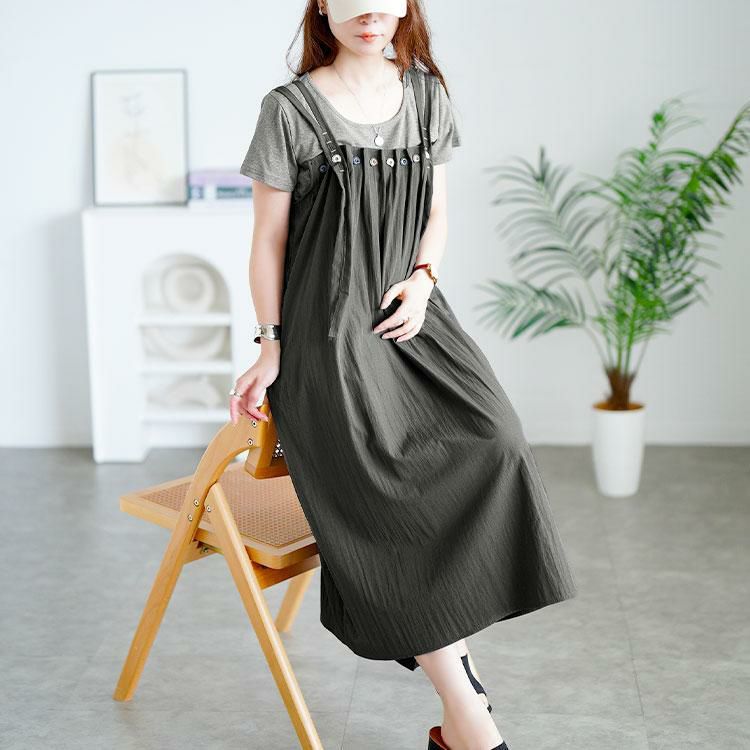 大きいサイズ レディース 半袖Tシャツ＆ボタンプリーツジャンパースカート　goldy-1713【メール便可】 ダークグレー