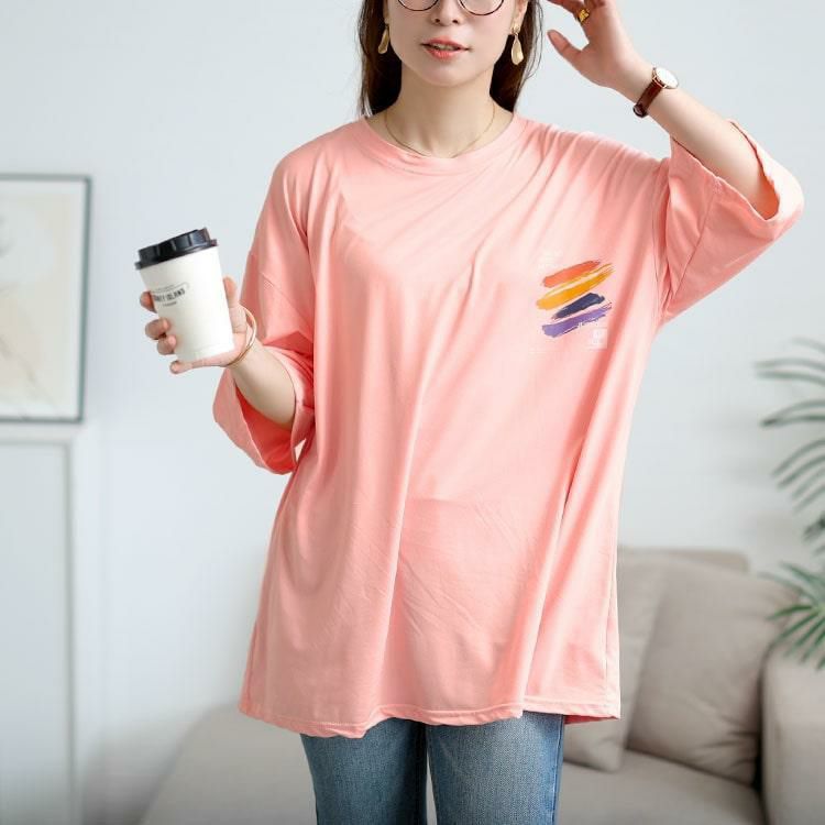 大きいサイズ レディース バックペイント柄オーバーサイズTシャツ　goldy-1702【メール便可】 ピンク