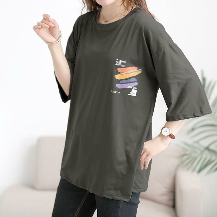 大きいサイズ レディース バックペイント柄オーバーサイズTシャツ　goldy-1702【メール便可】 グレー