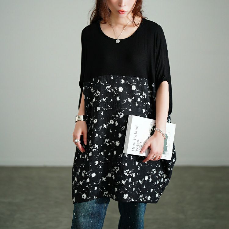 大きいサイズ レディース 花柄切り替えドルマンチュニック　jp555 【メール便可】