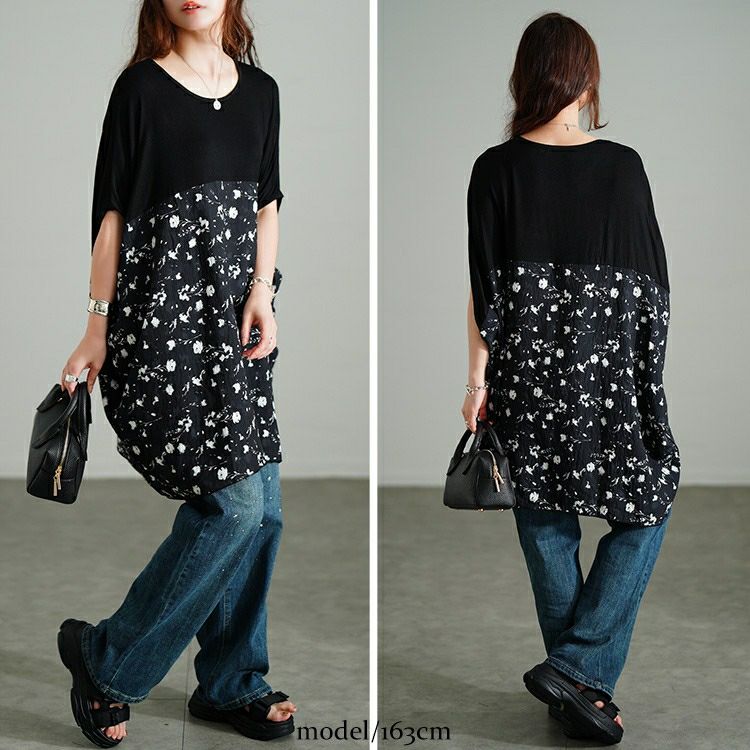 大きいサイズ レディース 花柄切り替えドルマンチュニック　jp555 【メール便可】
